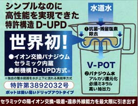 バナジュウム水生成と必須ミネラルの溶解、塩素除去を同時に行うバナジウム整水器(V-POT)です。