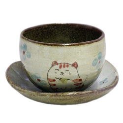 画像1: 陶碗皿　花猫(紅)　[美濃焼]