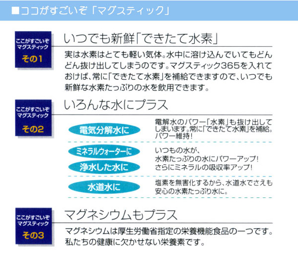 「水素チャージ　マグステック365」の特徴点