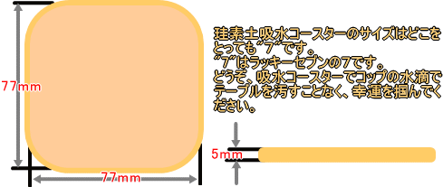 珪素土吸水コースターのサイズはどこをとっても"７"です。"7"はラッキーセブンの７です。どうぞ、吸水コースターでコップの水滴でテーブルを汚すことなく、幸運を掴んでください。