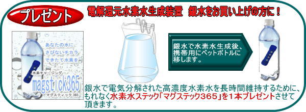 銀水で電気分解された高濃度水素水を長時間維持するために、もれなく水素水ステック「マグステック３６５」を１本ブレゼントさせて頂きます。銀水で水素水生成後、携帯用にペットボトルに移します。