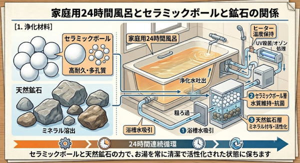 セラミックボールや鉱石は家庭用24時間風呂で使用できます