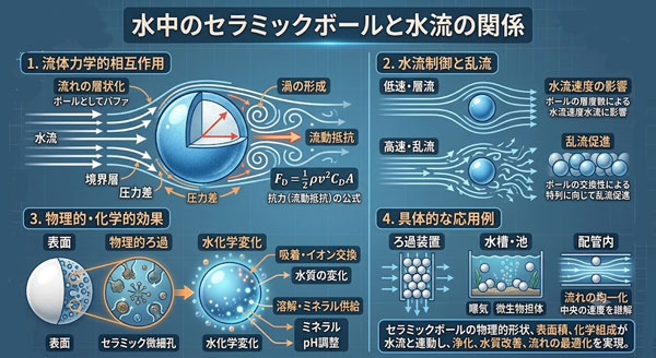 水中のセラミックボールと水流の関係
