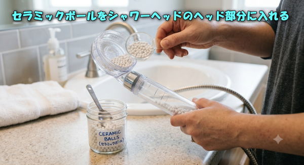 セラミックボールをシャワーヘッドのヘッド部分に入れ替える