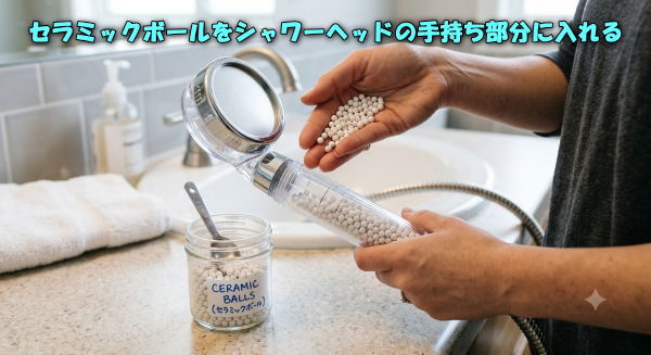 セラミックボールをシャワーヘッドの手持ち部分に入れ替える