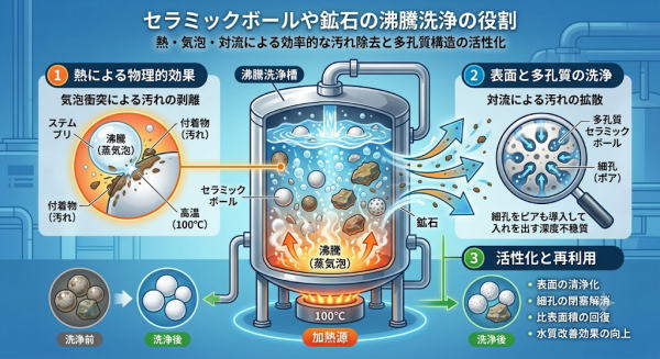セラミックボールや鉱石の煮沸洗浄の役割