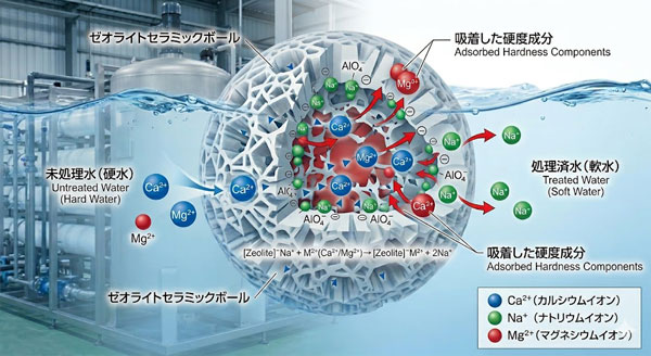 ゼオライトセラミックボールのイオン交換の概念図