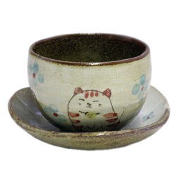 画像1: 陶碗皿　花猫(紅)　[美濃焼]